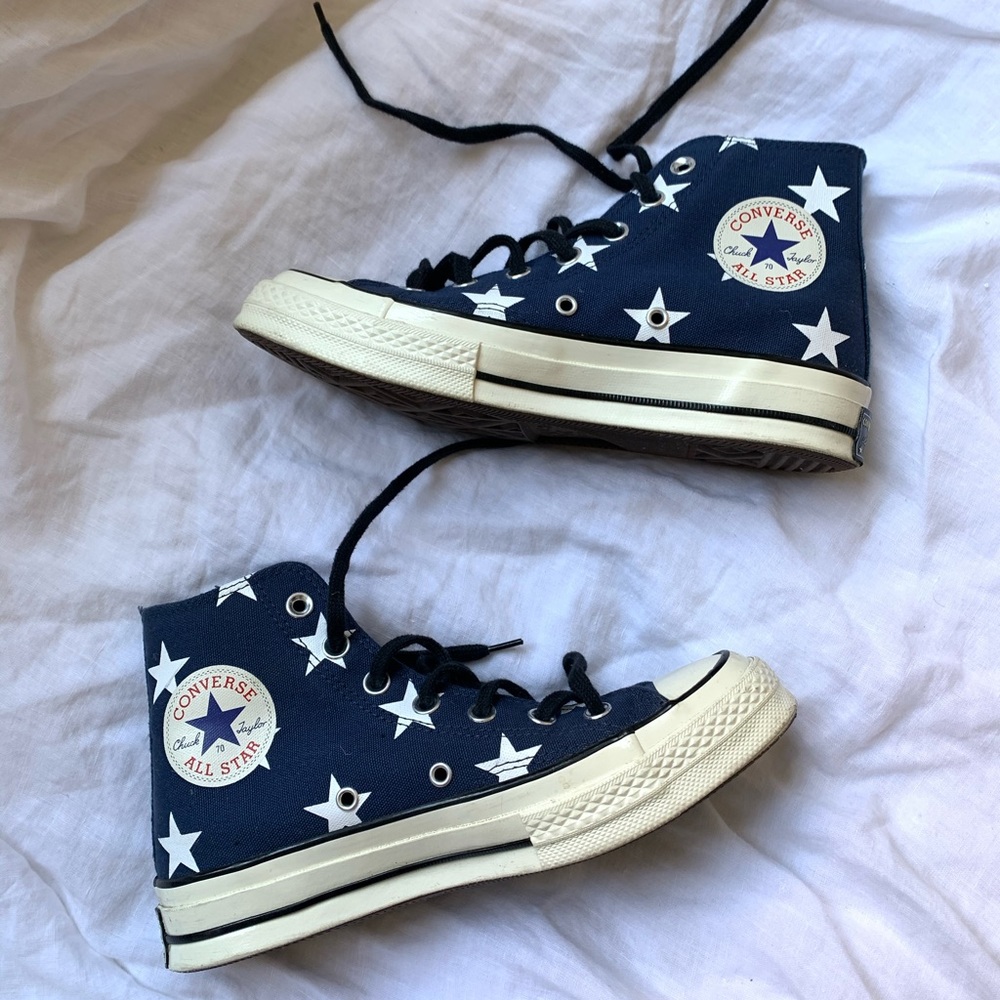 White and Navy Star Patterned Converse